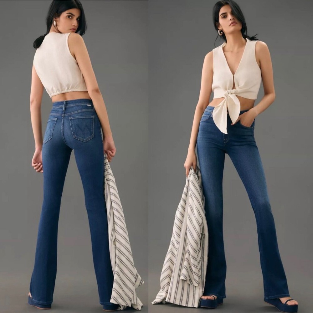 Mother The Runaway Bootcut High Waist Jeans in Home Movies Raw Hem Blue Denim 32